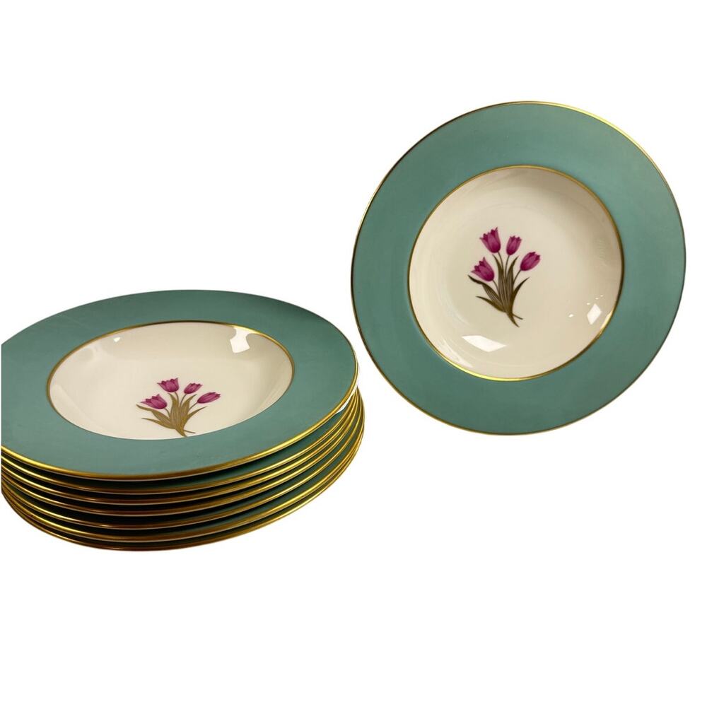 Vintage Lenox Bradford Collection Turquoise Rim 8" Bowls Set of 8 USA